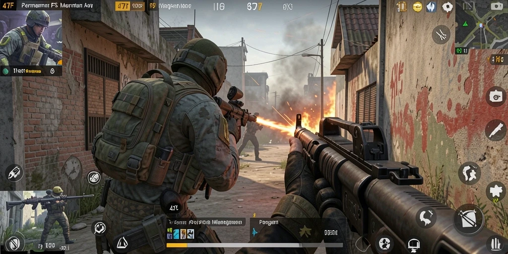 Screenshot utama 47F yang menunjukkan gameplay FPS intens.