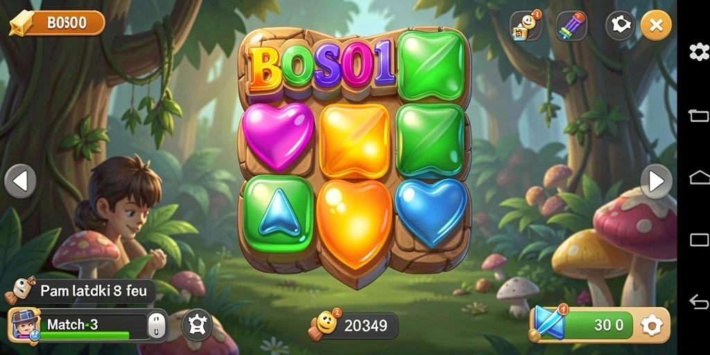 Screenshot gameplay BOS01 menampilkan aksi Match-3 yang dinamis.