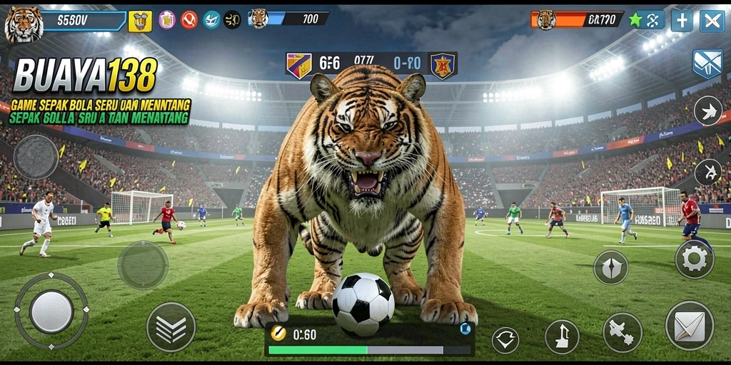 Screenshot gameplay BUAYA138 dengan aksi seru di lapangan sepak bola.
