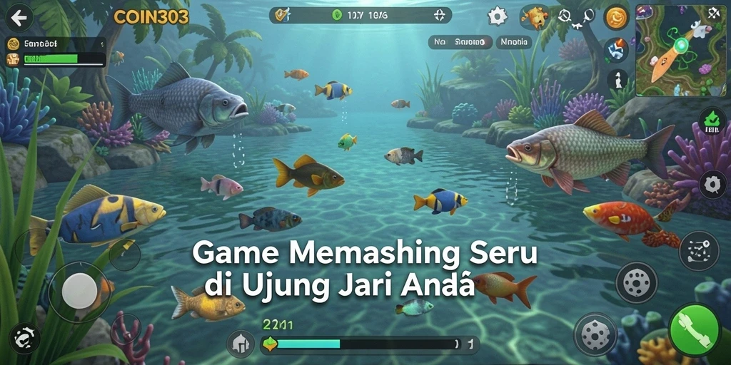 Screenshot gameplay COIN303 yang menunjukkan aksi memancing yang mendebarkan.