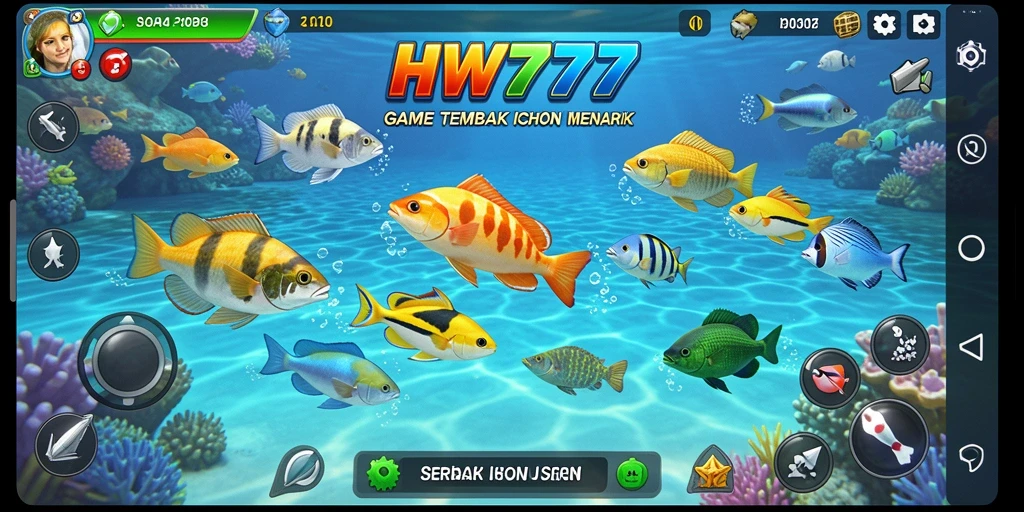Tampilan gameplay HW777 saat menembak ikan yang berwarna-warni.