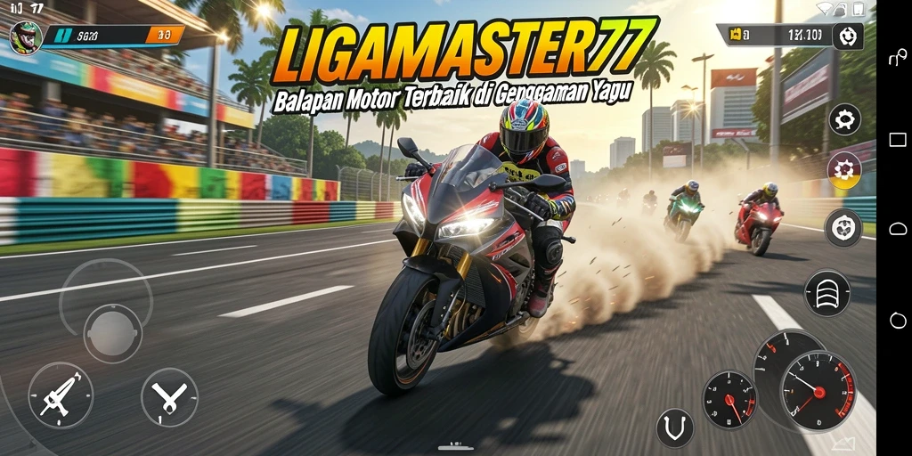 Tangkapan layar LIGAMASTER77 dengan balapan motor yang intens.