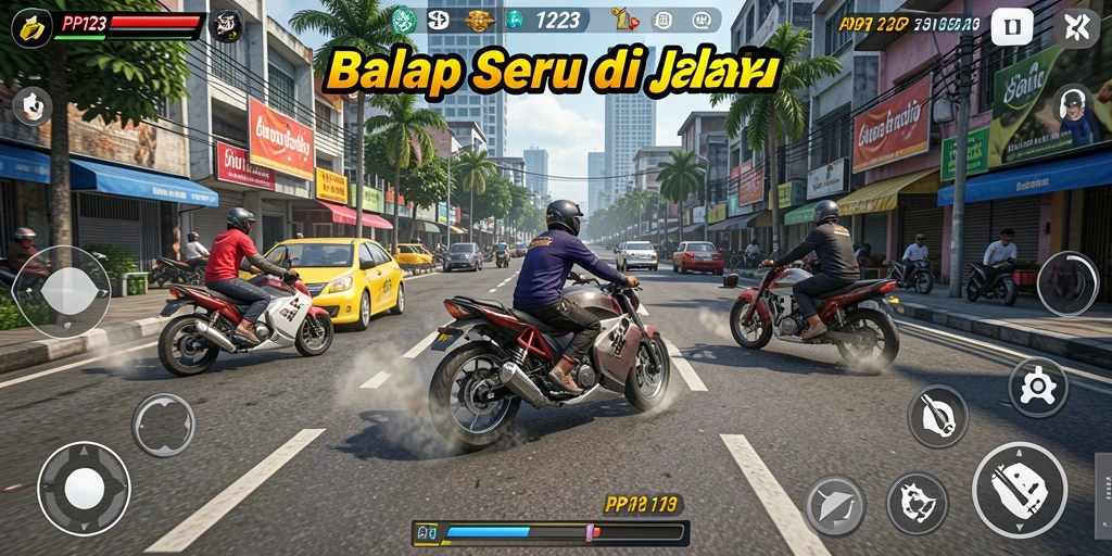 Tampilan gameplay PP123 dengan mobil balap di lintasan.