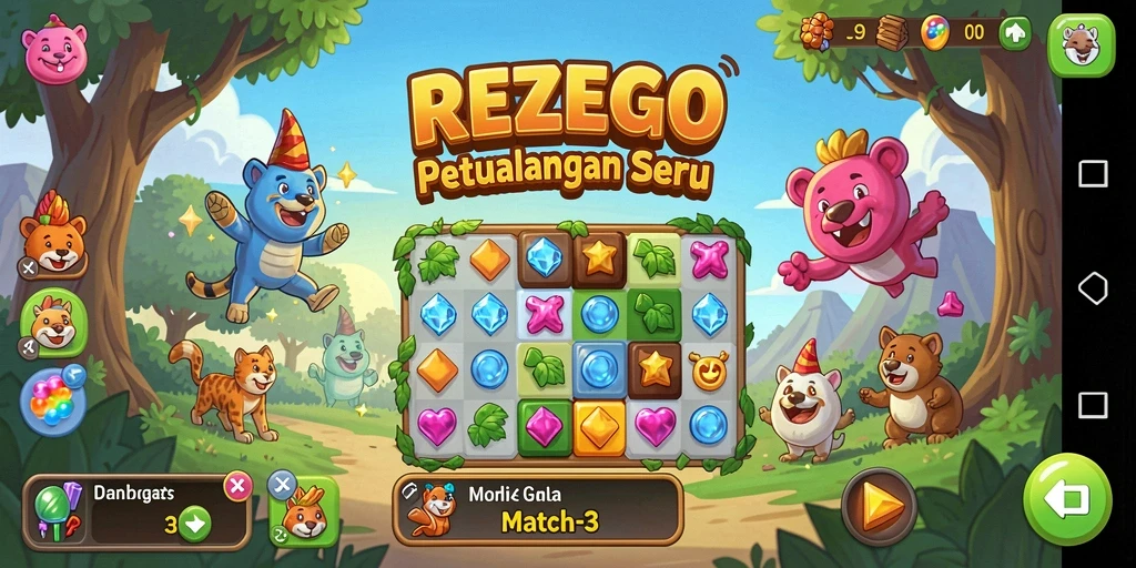 Screenshot gameplay REZEGO yang menampilkan aksi Match-3 yang seru.