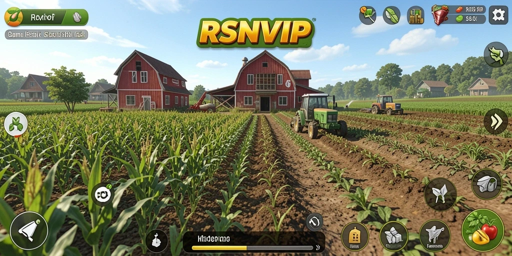 Tampilan gameplay RSNVIP dengan berbagai tanaman dan hewan yang dikelola.