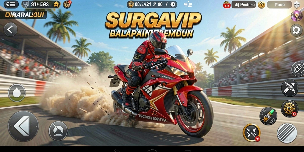 Tangkapan layar SURGAVIP menampilkan aksi balap motor yang seru dan mendebarkan.