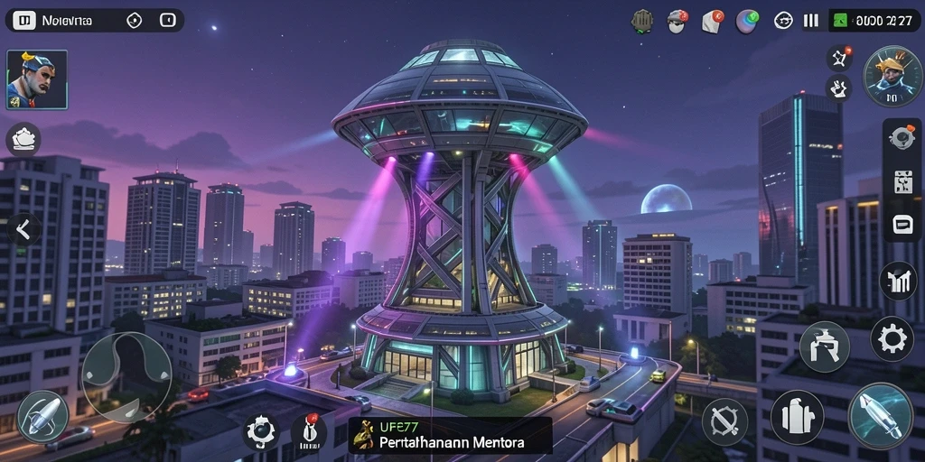 Tangkapan layar gameplay UFO77 menampilkan menara yang siap bertahan melawan serangan musuh.