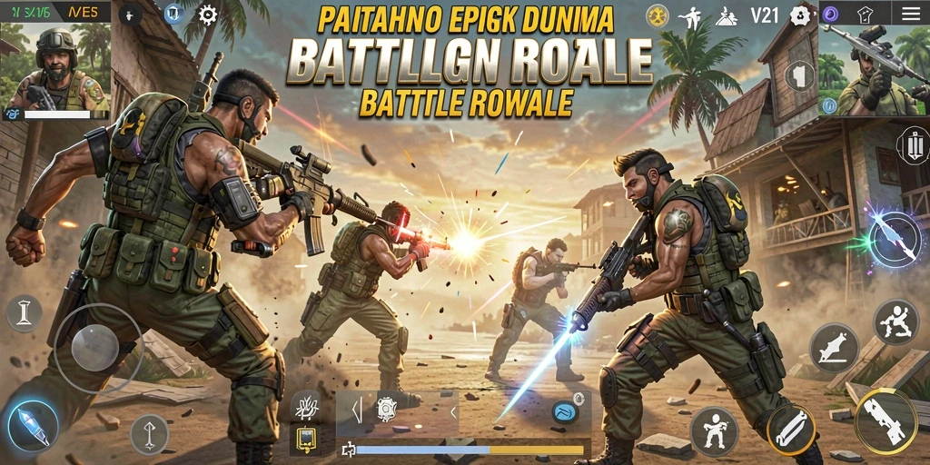 Tampilan gameplay V21 yang mendebarkan di medan perang Battle Royale.